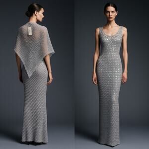 Women's Hand Crochet Sequin Sparkly Gown Shawl Silver S Formal Elegant DiscoLuxe